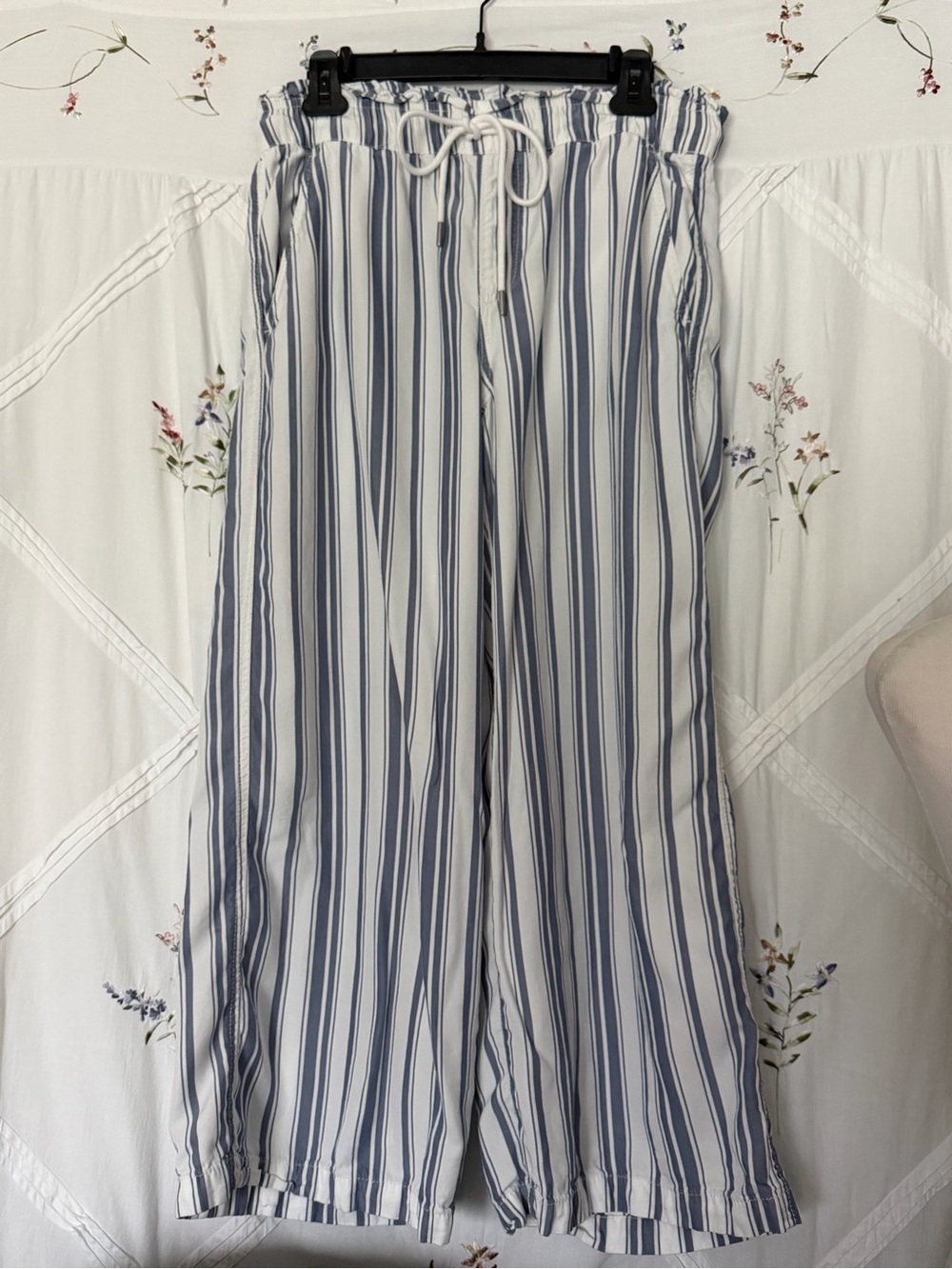LOFT Blue and White Striped Wide-Leg Drawstring Pants